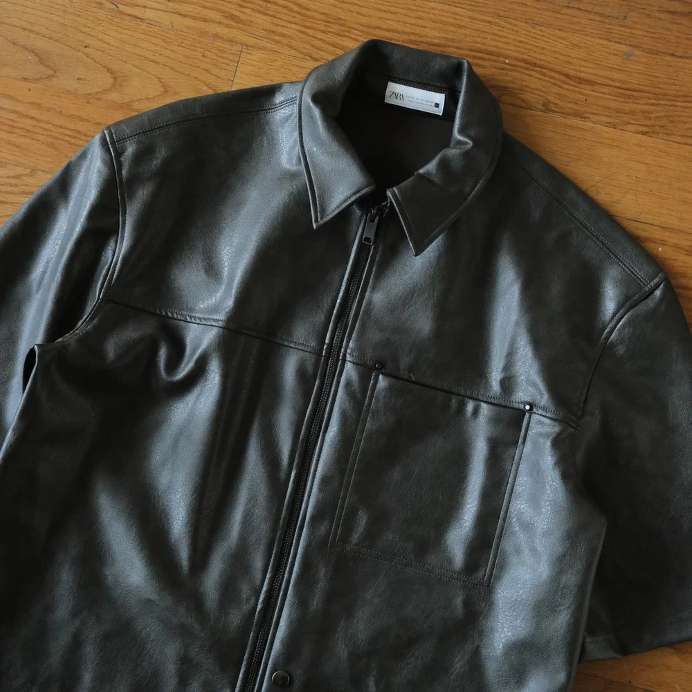 Zara Faux Leather Short Sleeve Jacket Dark Green Zip Up Chest Pocket M Street - Picture 3 of 8